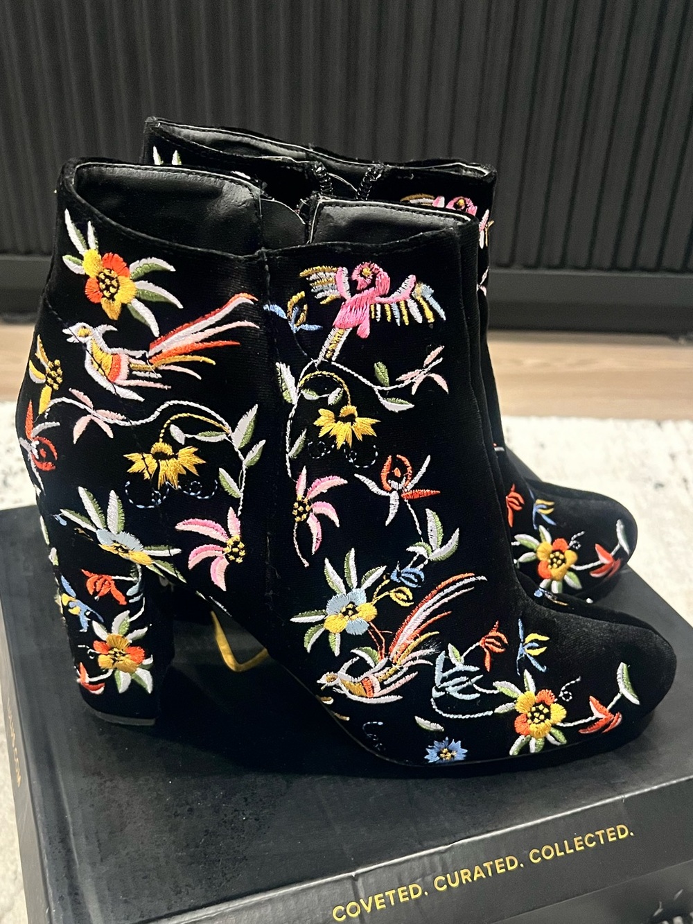 Lulu's Black Velvet Ankle Boots with Multicolor Floral Embroidery